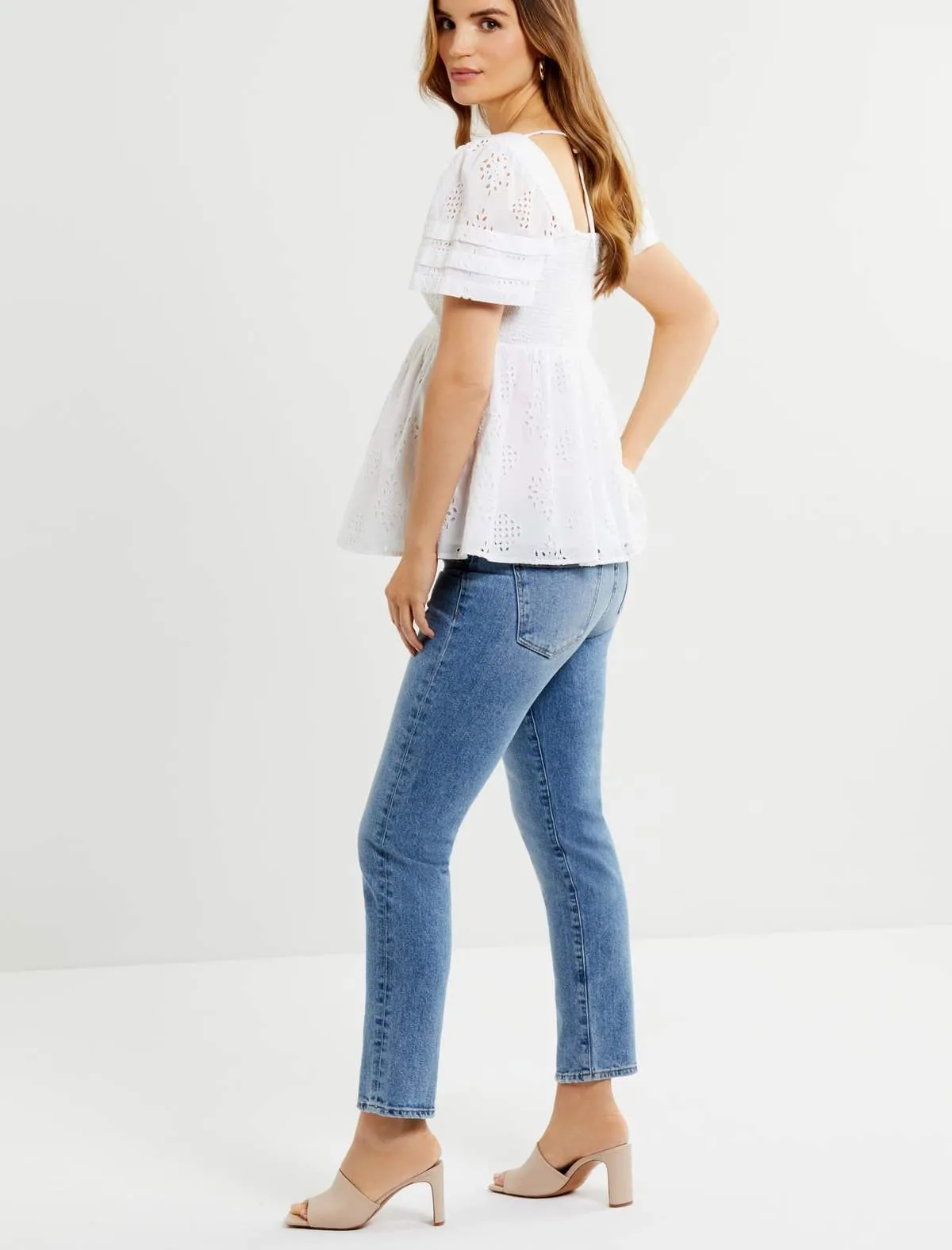 Puff Sleeve Maternity Top in White Eyelet