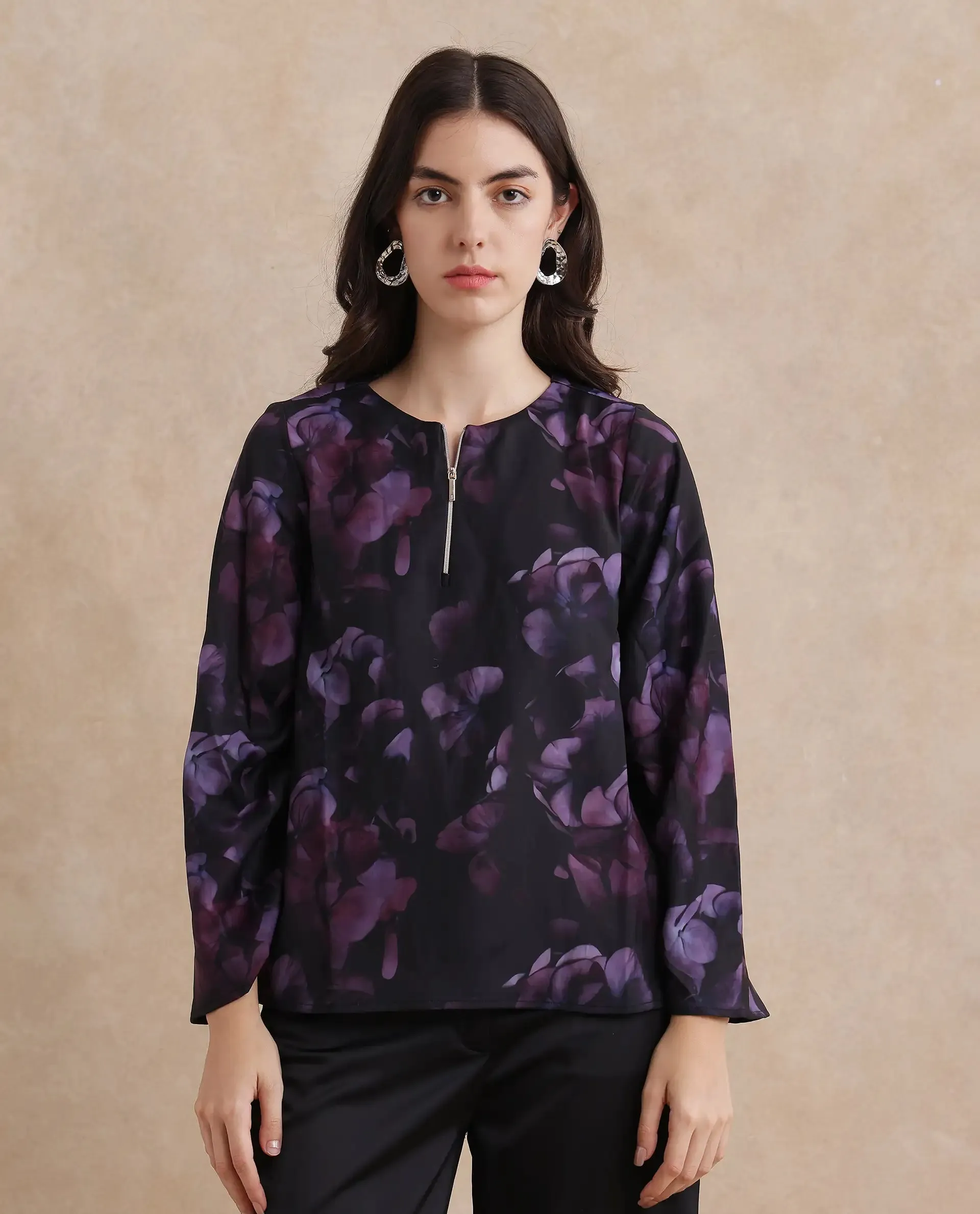 Rareism Women Kiko Multi Polyester Fabric Volume Sleeve Round Neck Zipper Closure Floral Print Top