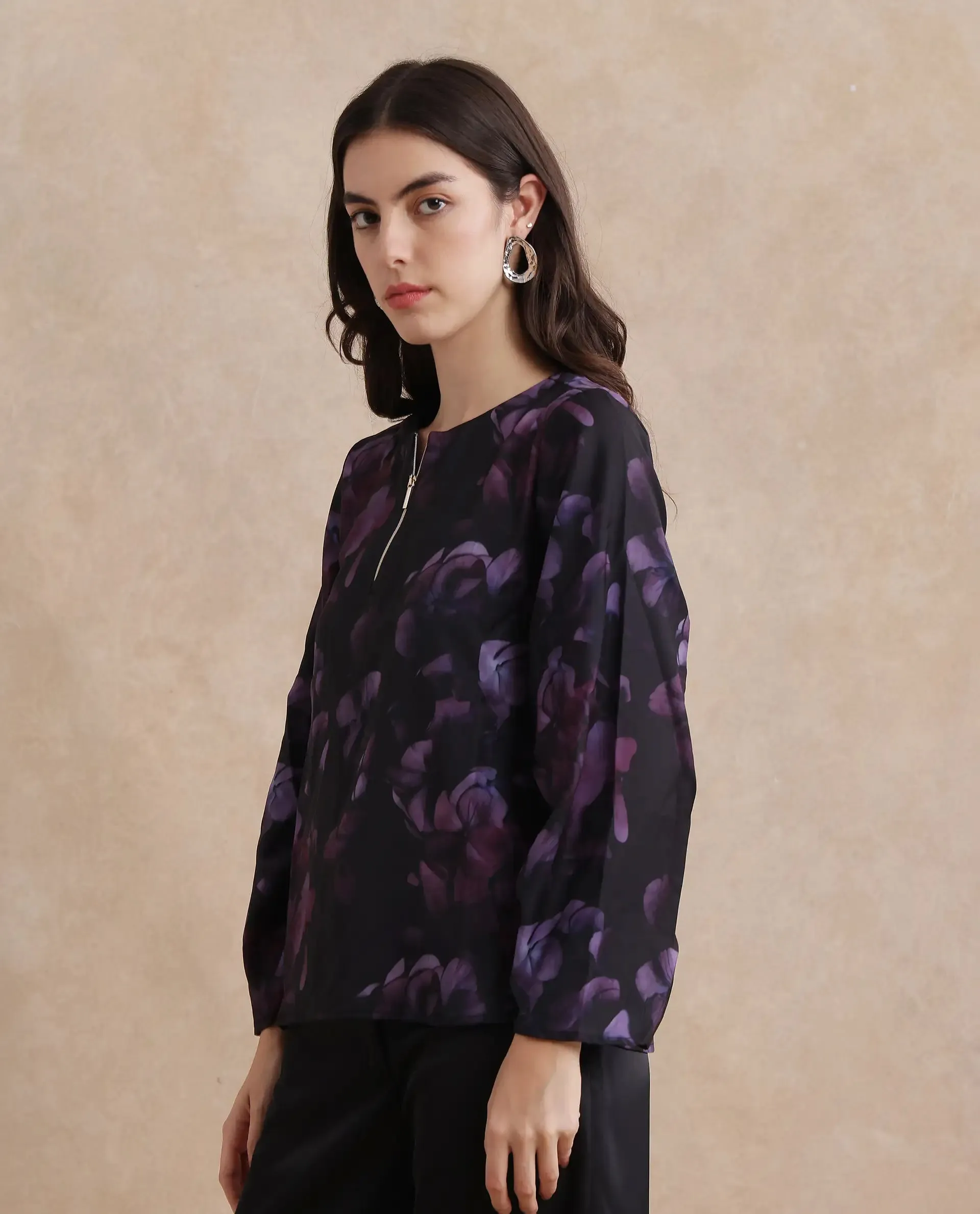 Rareism Women Kiko Multi Polyester Fabric Volume Sleeve Round Neck Zipper Closure Floral Print Top