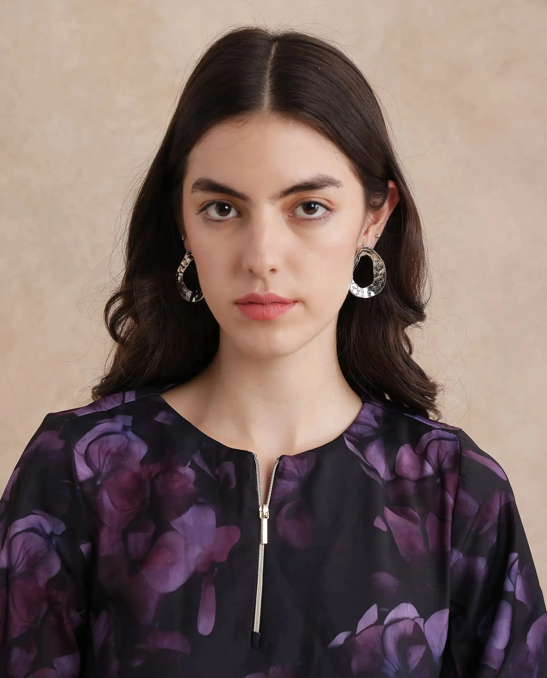 Rareism Women Kiko Multi Polyester Fabric Volume Sleeve Round Neck Zipper Closure Floral Print Top