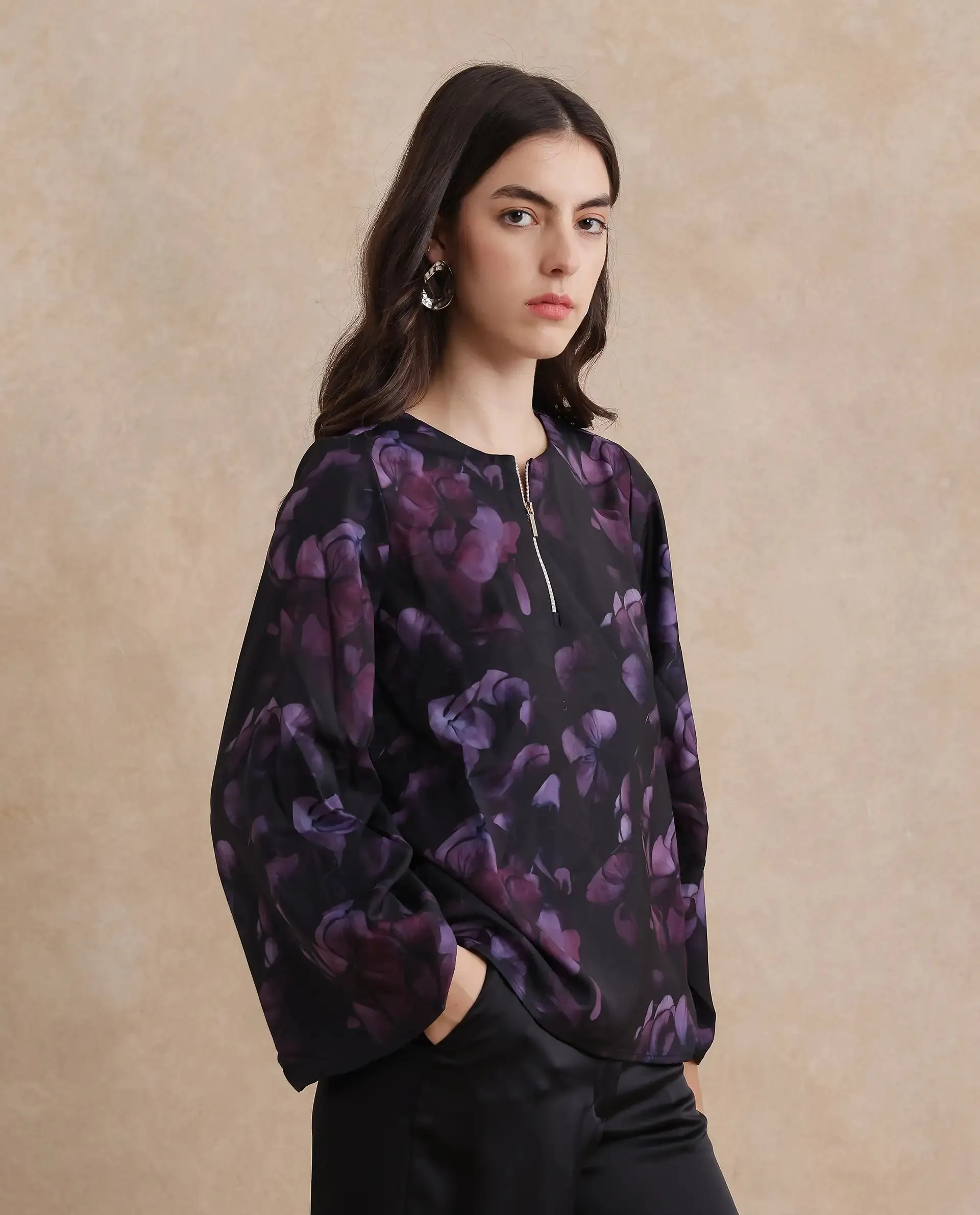 Rareism Women Kiko Multi Polyester Fabric Volume Sleeve Round Neck Zipper Closure Floral Print Top