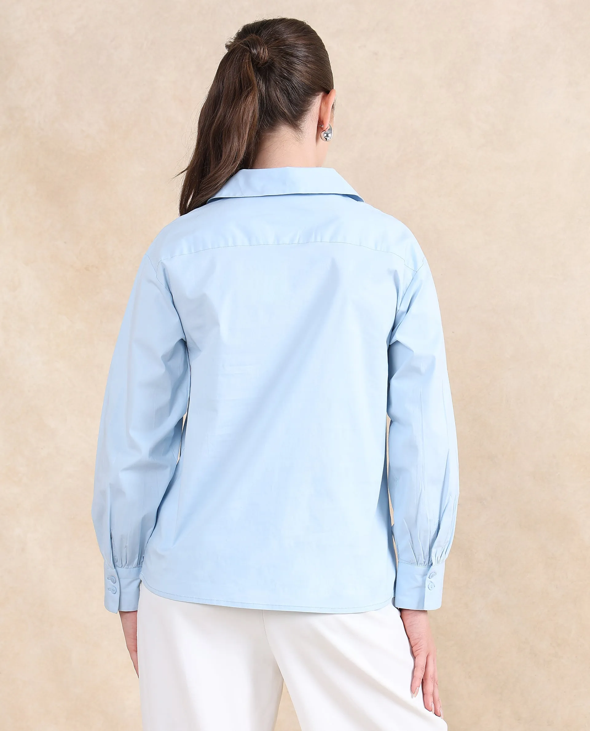 Rareism Women Yit Light Blue Cotton Fabric Bishop Sleeve Collared Neck Button Closure Relaxed Fit Plain Top