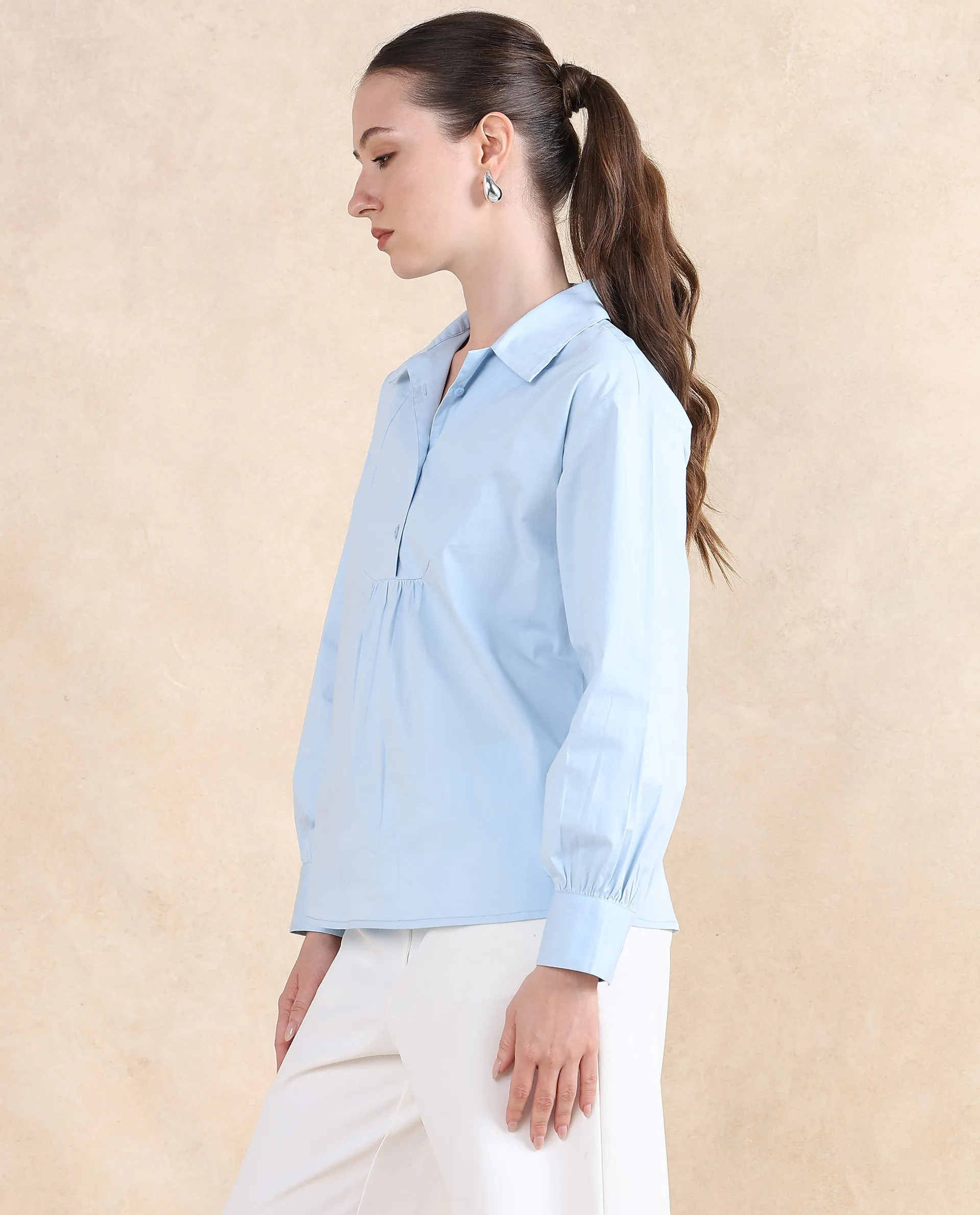 Rareism Women Yit Light Blue Cotton Fabric Bishop Sleeve Collared Neck Button Closure Relaxed Fit Plain Top