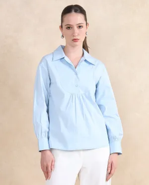 Rareism Women Yit Light Blue Cotton Fabric Bishop Sleeve Collared Neck Button Closure Relaxed Fit Plain Top