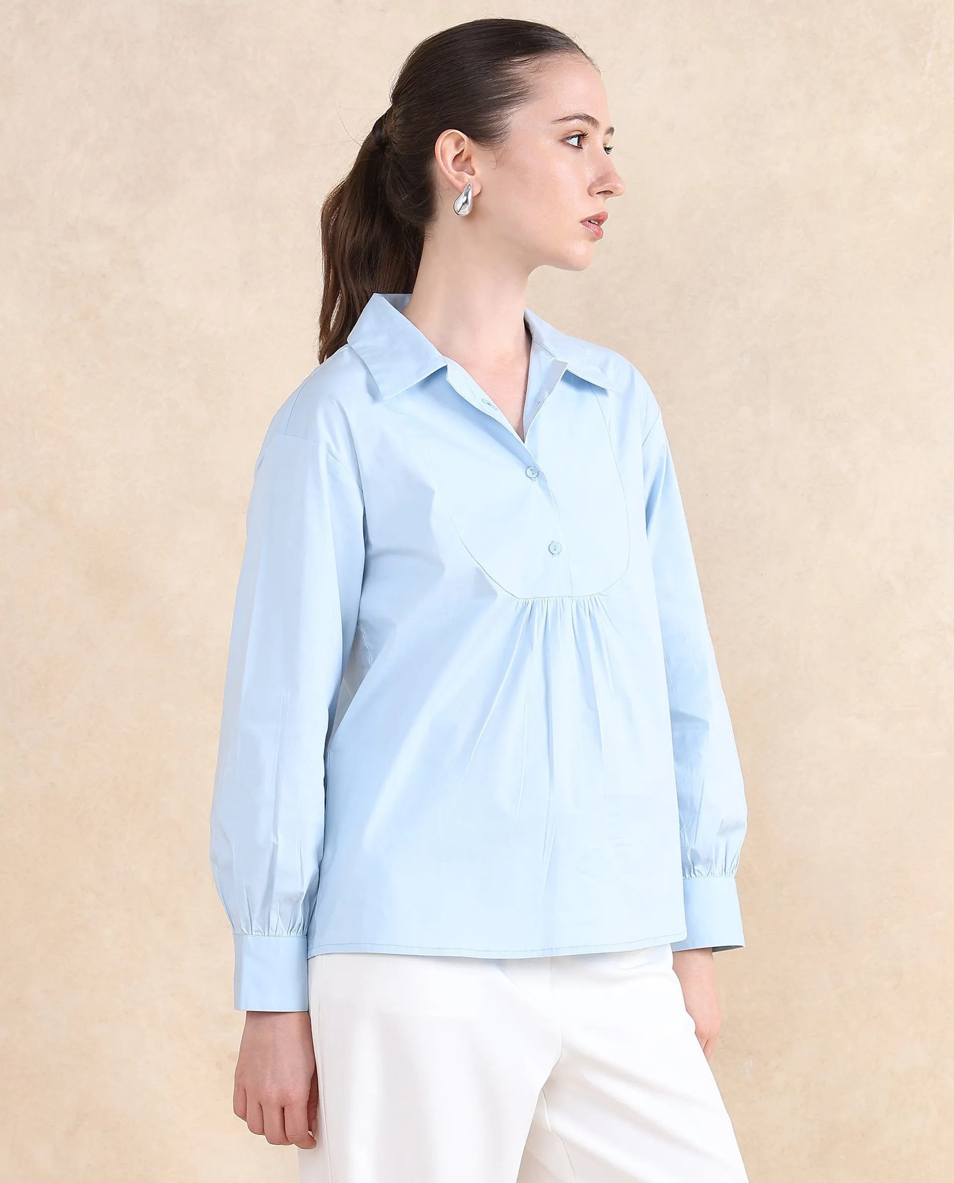 Rareism Women Yit Light Blue Cotton Fabric Bishop Sleeve Collared Neck Button Closure Relaxed Fit Plain Top