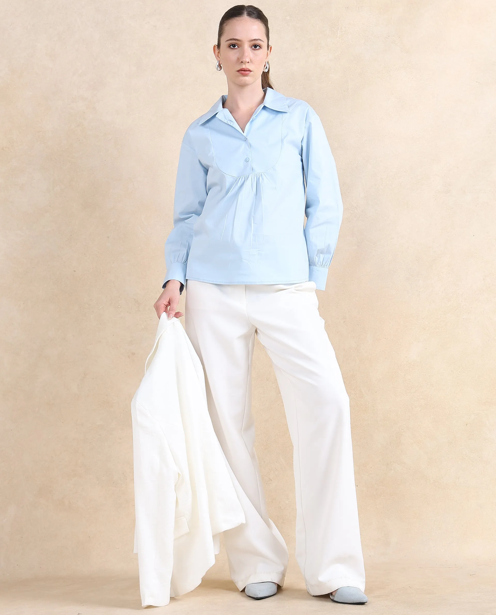 Rareism Women Yit Light Blue Cotton Fabric Bishop Sleeve Collared Neck Button Closure Relaxed Fit Plain Top