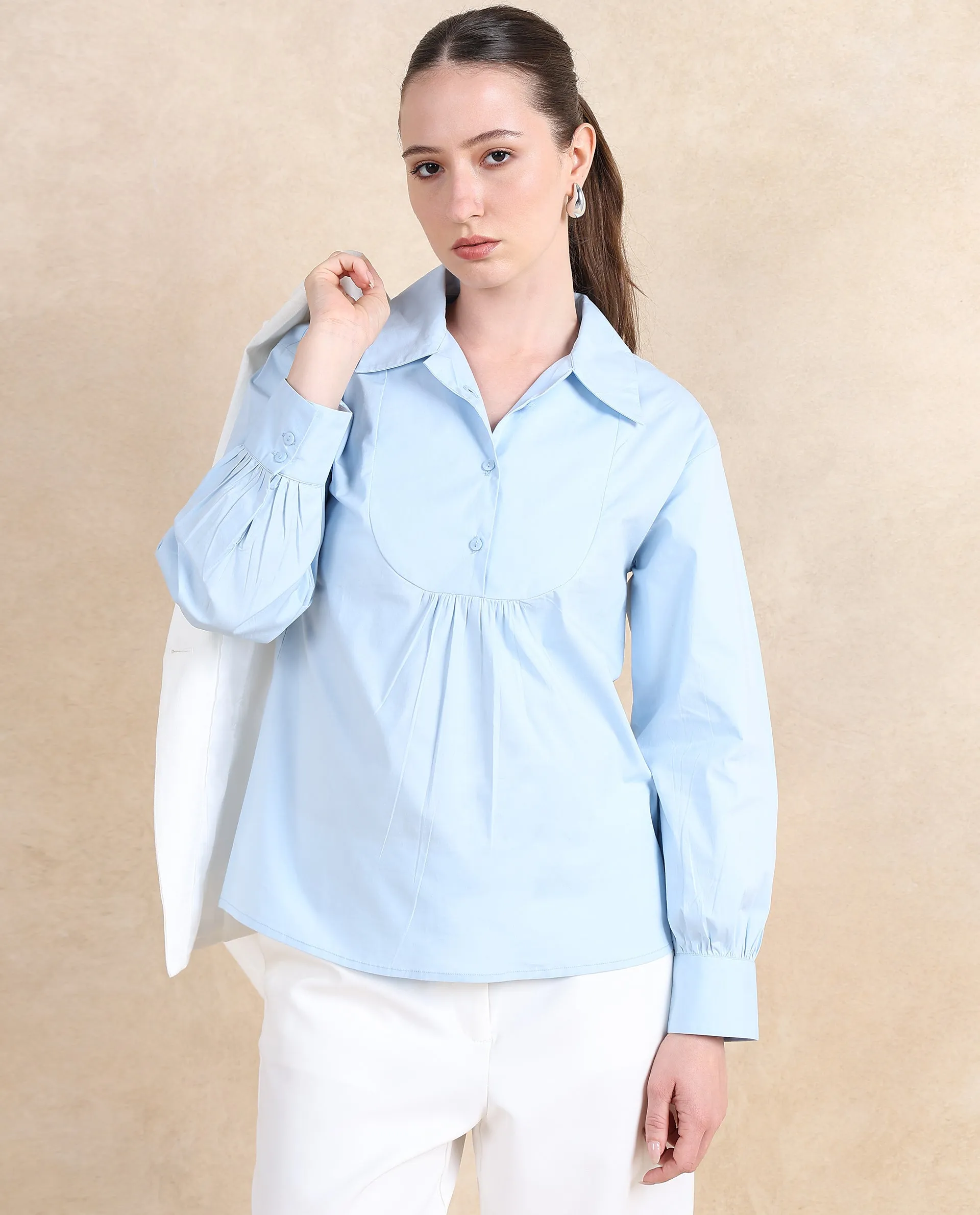 Rareism Women Yit Light Blue Cotton Fabric Bishop Sleeve Collared Neck Button Closure Relaxed Fit Plain Top