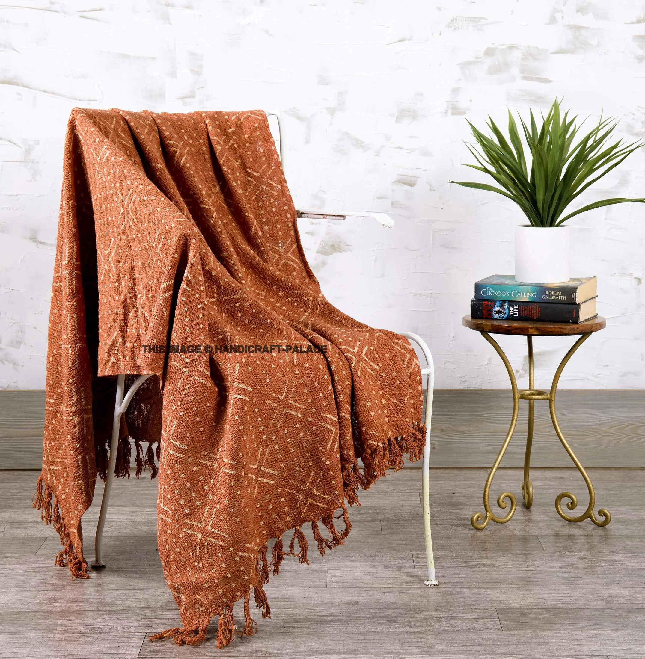 Ravaiyaa - Attitude is everything Abstract Design Hand Block Printed Twin size Handloom Cotton Blanket with Tassel (45 X 66 Inch, Rust)