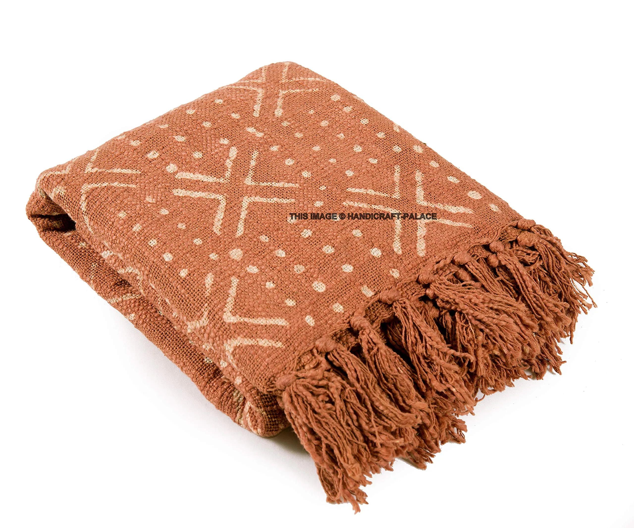 Ravaiyaa - Attitude is everything Abstract Design Hand Block Printed Twin size Handloom Cotton Blanket with Tassel (45 X 66 Inch, Rust)