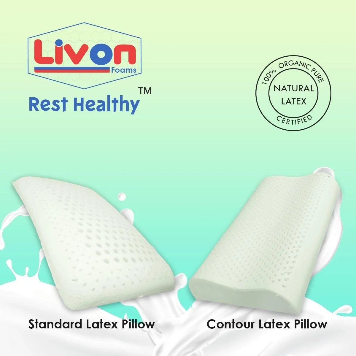 Rest Healthy Organic Pure Natural, Breathable, Orthopaedic, Durable, Hypoallergenic, Neck Support, Cooling, Latex Standard Pillow by Livon Comforts (Pack of Two)