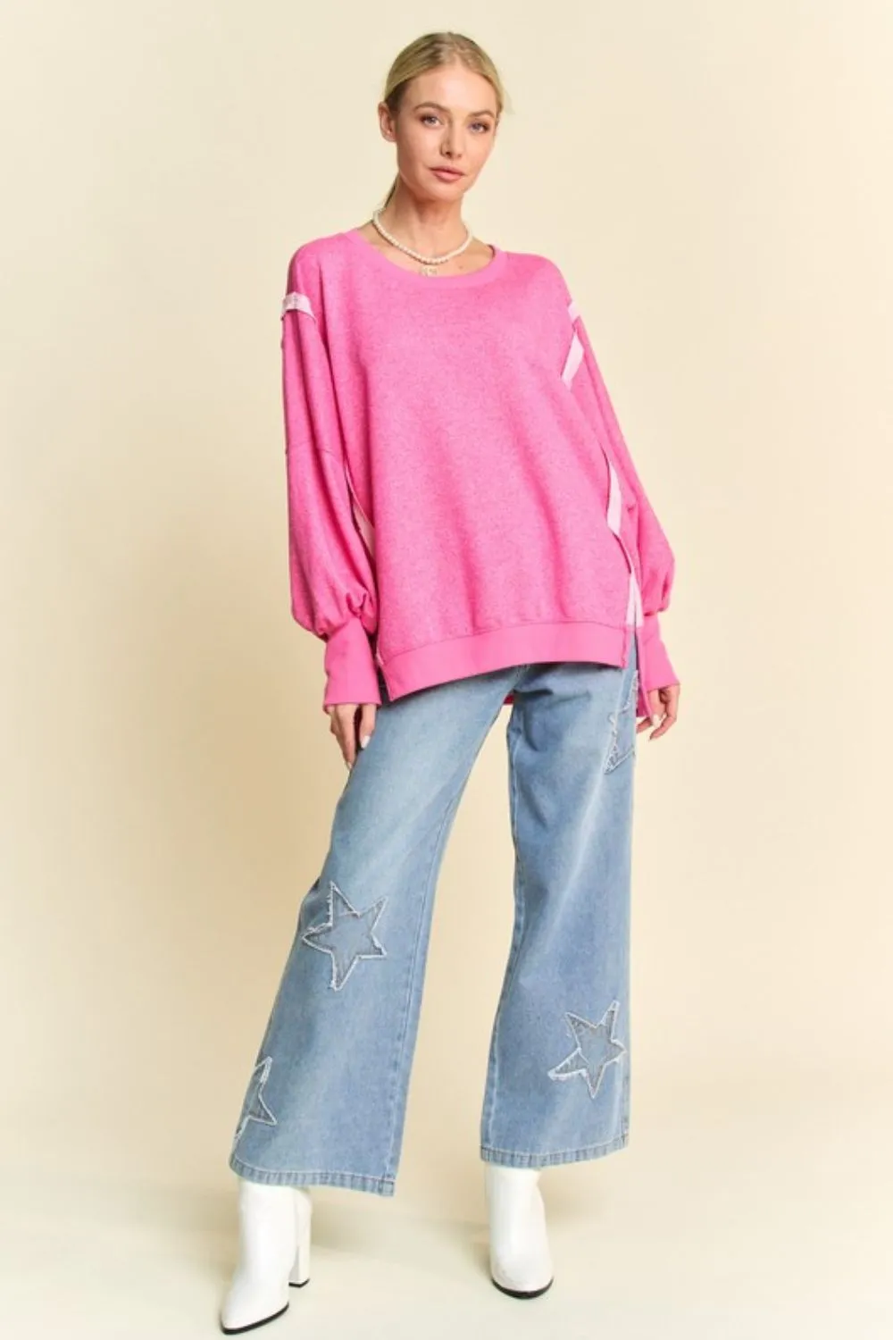 Side Slit High-Low Lantern Sleeve Knit Top