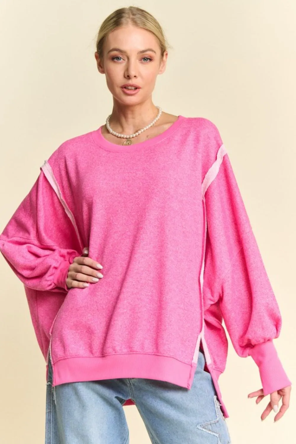 Side Slit High-Low Lantern Sleeve Knit Top