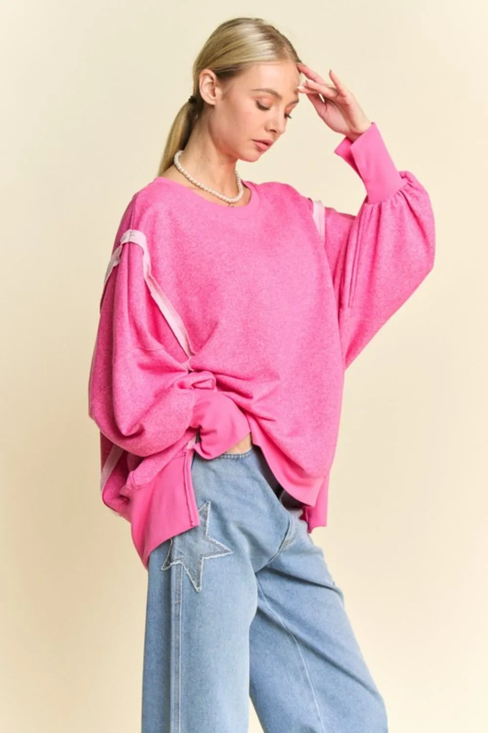 Side Slit High-Low Lantern Sleeve Knit Top