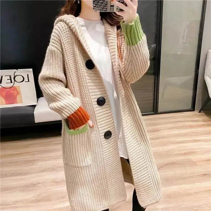 Thick Contrast Colour Hooded Knitted Cardigan