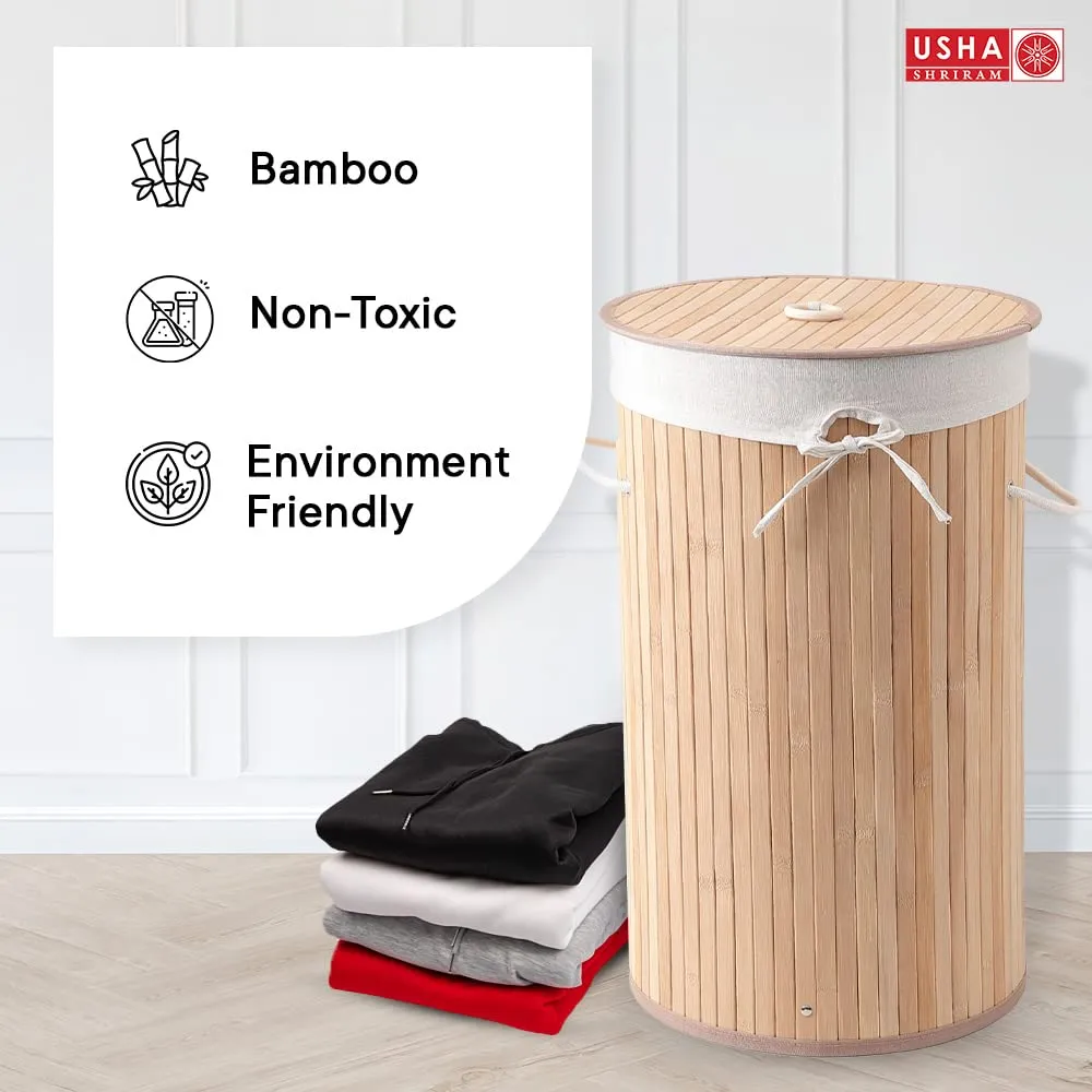 USHA SHRIRAM Foldable Bamboo Laundry Basket With Lid | Sustainable & Eco-Friendly | Travel Essential | Solid Laundry Basket (35cmx35cmx60cm) | Easy To Carry (1 Pcs, Natural)