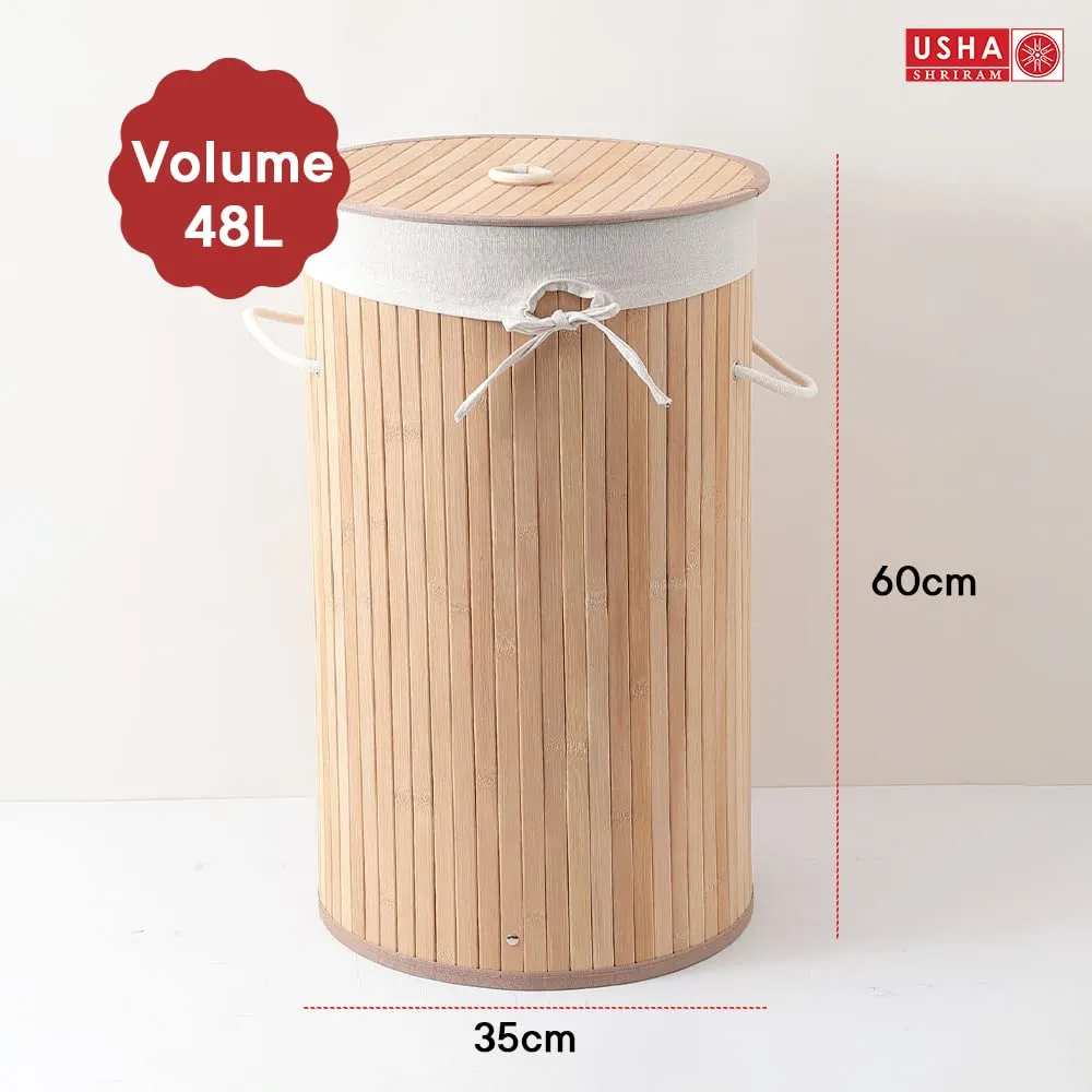 USHA SHRIRAM Foldable Bamboo Laundry Basket With Lid | Sustainable & Eco-Friendly | Travel Essential | Solid Laundry Basket (35cmx35cmx60cm) | Easy To Carry (1 Pcs, Natural)