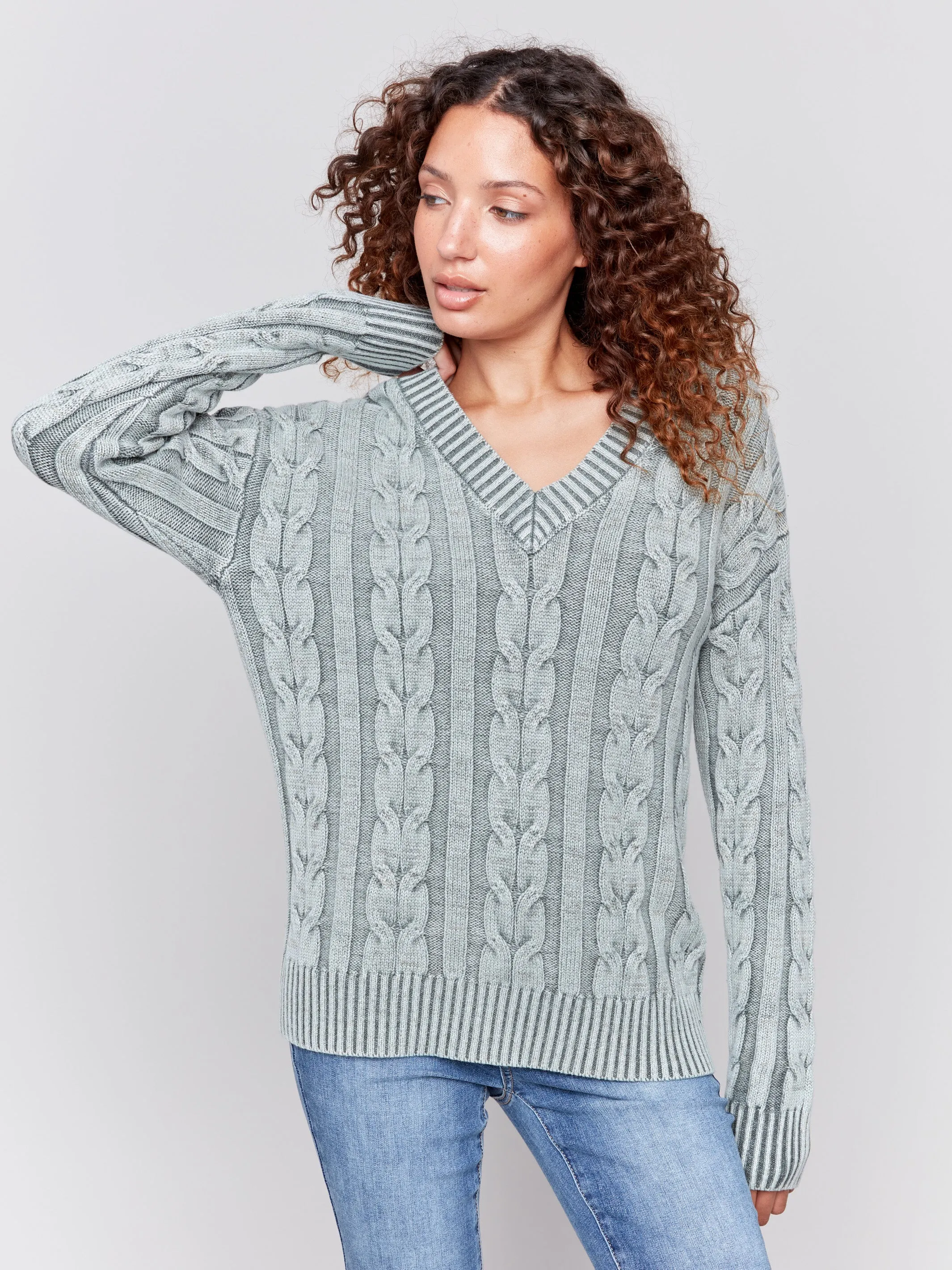 V-Neck Cable Knit Sweater - Spruce