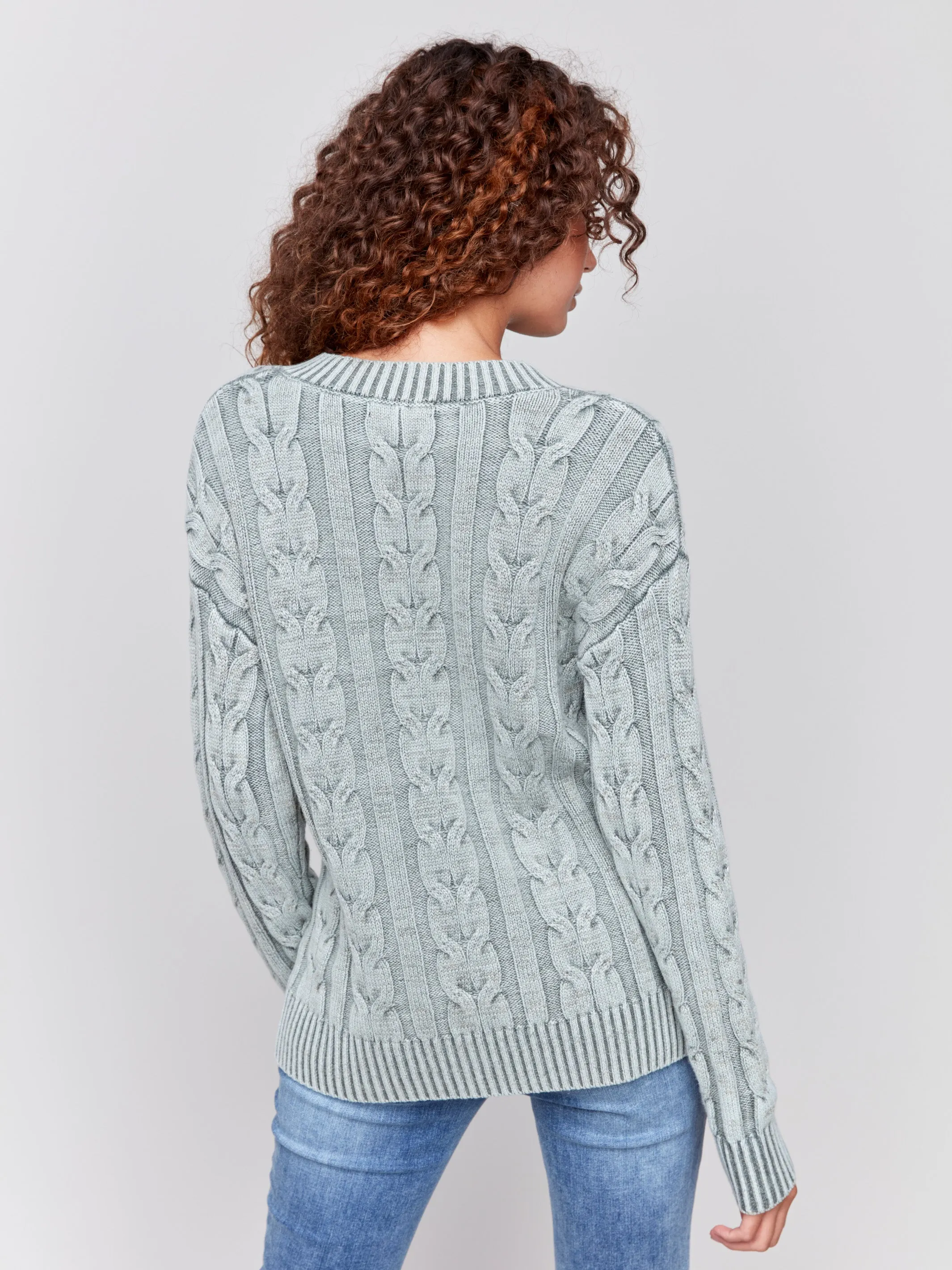 V-Neck Cable Knit Sweater - Spruce