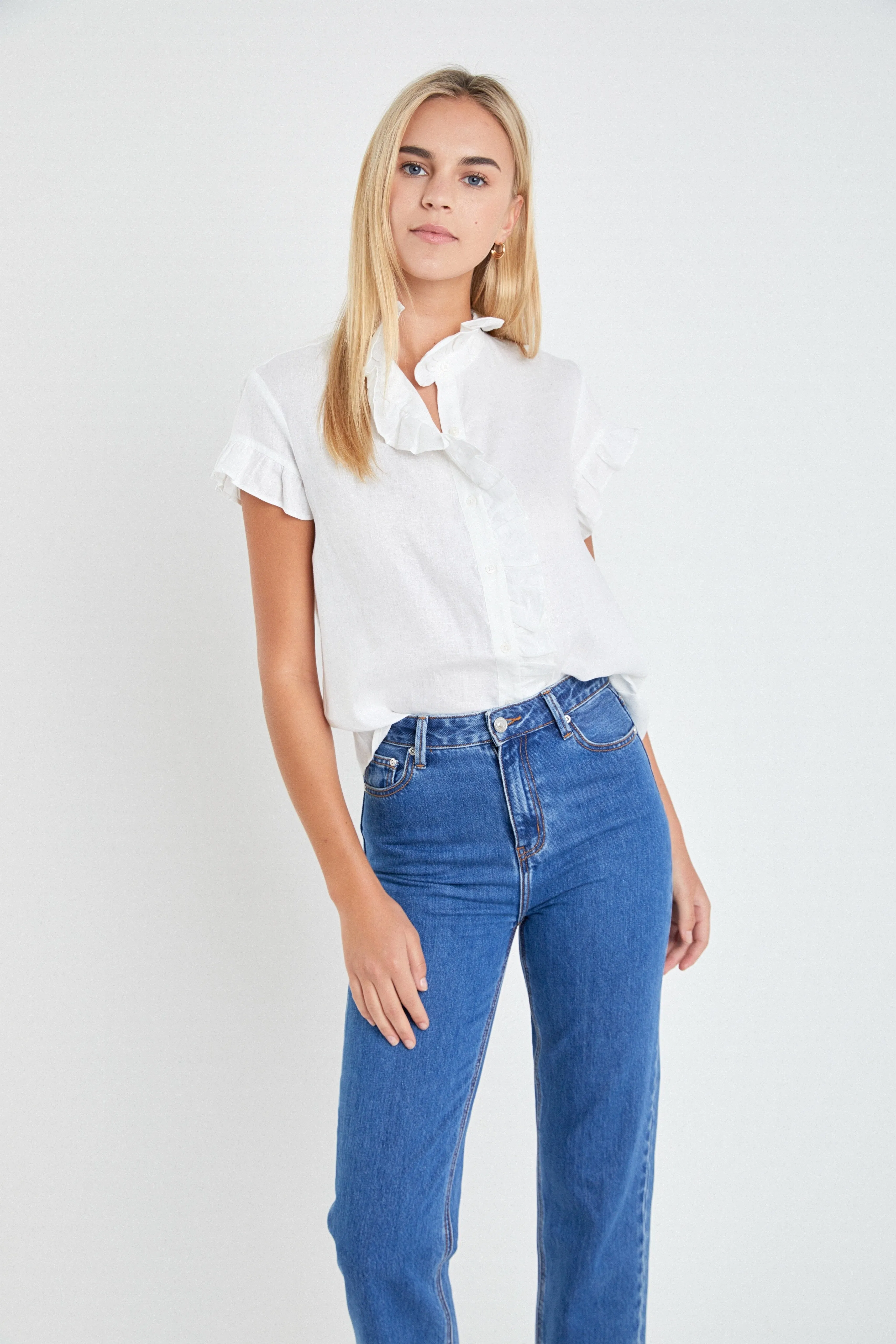 White Linen Ruffle Collar Blouse