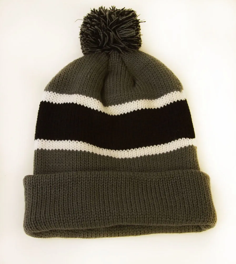 Winter Striped Beanie with Pom - Grey/Black