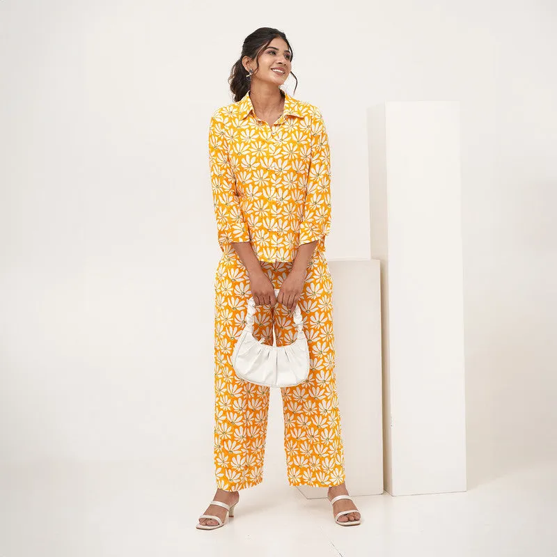 Women Co-Ord Set | Printed | Plant Based Silk | Yellow