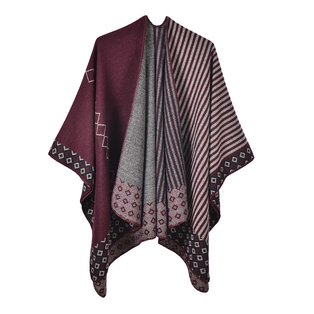 Women's scarf autumn and winter striped small rhombus slit cloak warm shawl in all seasons