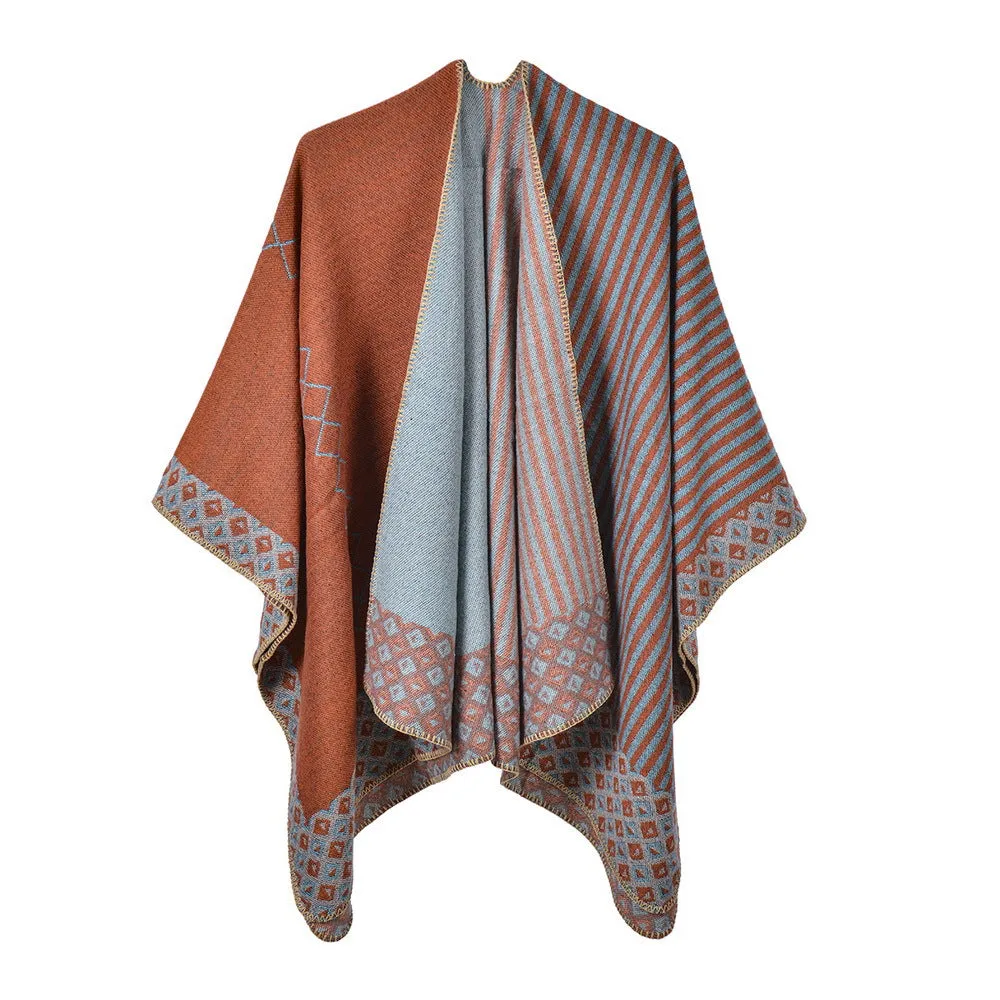 Women's scarf autumn and winter striped small rhombus slit cloak warm shawl in all seasons