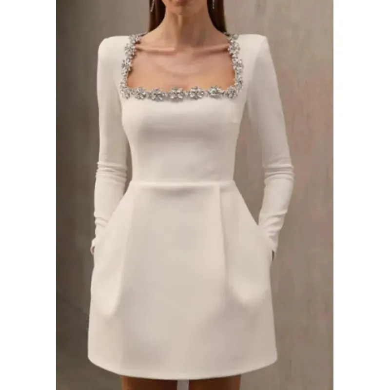 Women's Spring Elegant Square Collar Pearl Ruffled Short Fashion Dress