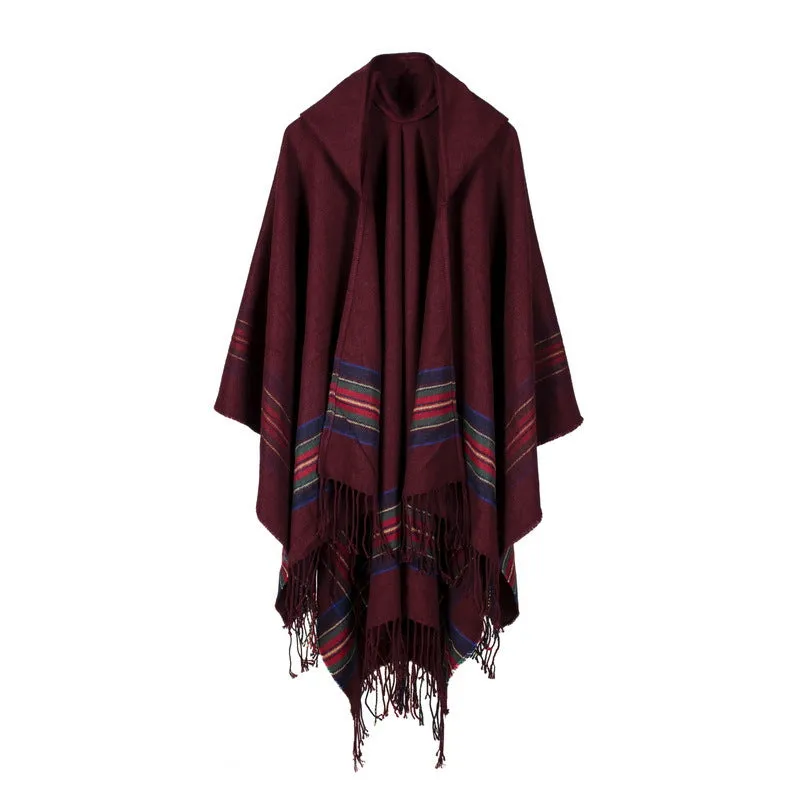 Women's Thick Color Stripe Imitation Cashmere Jacquard Shawl Warm Lengthened Fashion Hooded Cape